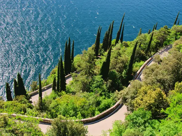 A winding road lined with cypress trees above the blue water of Lake Garda