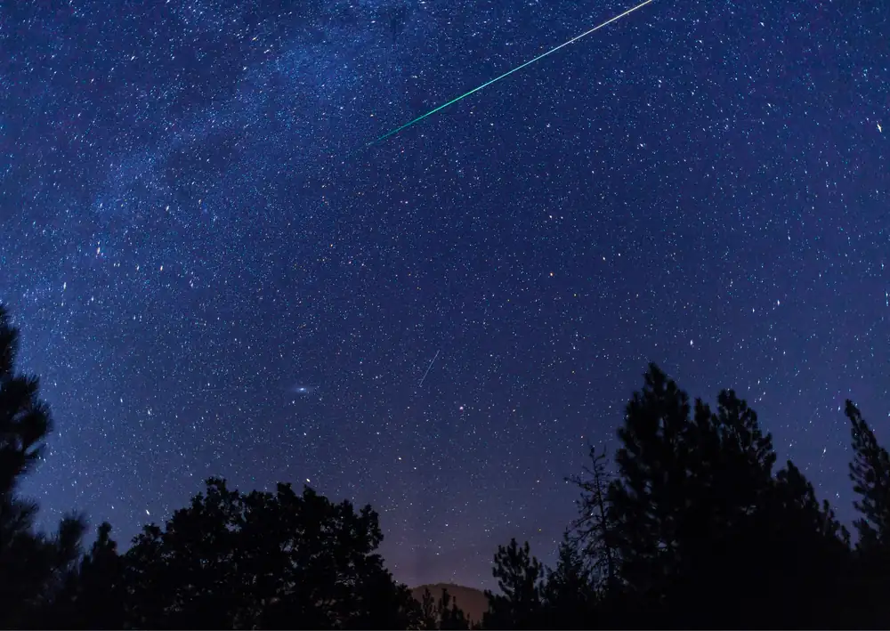 A shooting star crossing the Milky Way above a line of trees