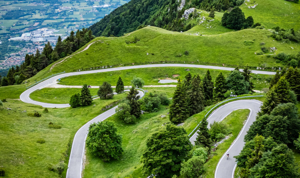 Aerial view of the mountain roads near Bassano del Grappa, northern Italy